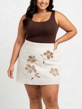 Penningtons Women's Cream Linen Blend Floral A-Line Mini Skirt Size 28